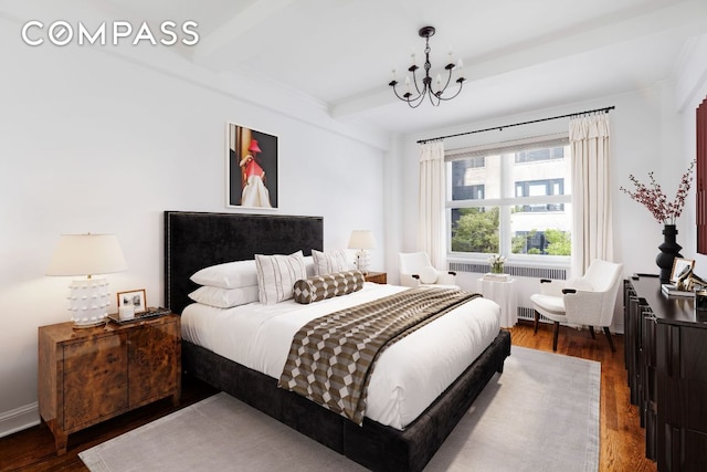 bedroom with dark hardwood / wood-style flooring, radiator, beamed ceiling, and an inviting chandelier