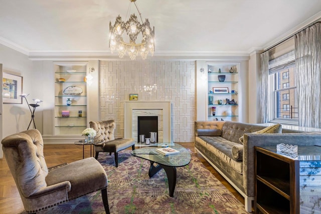 living room featuring crown molding, built in shelves, and a chandelier