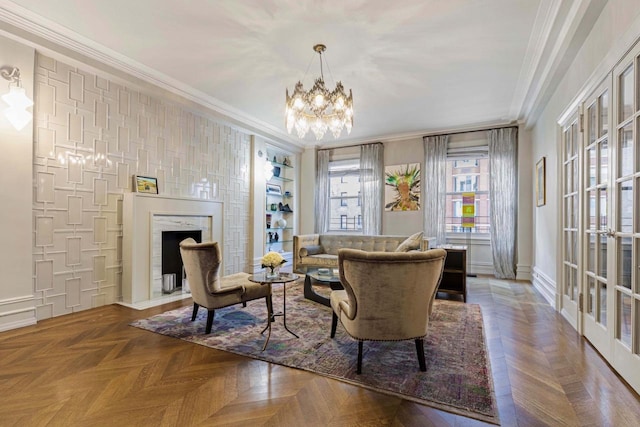 living room with a high end fireplace, french doors, an inviting chandelier, and ornamental molding