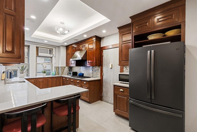 kitchen featuring a tray ceiling, a peninsula, a sink, stainless steel appliances, and under cabinet range hood