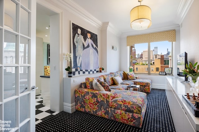 living area featuring ornamental molding and french doors