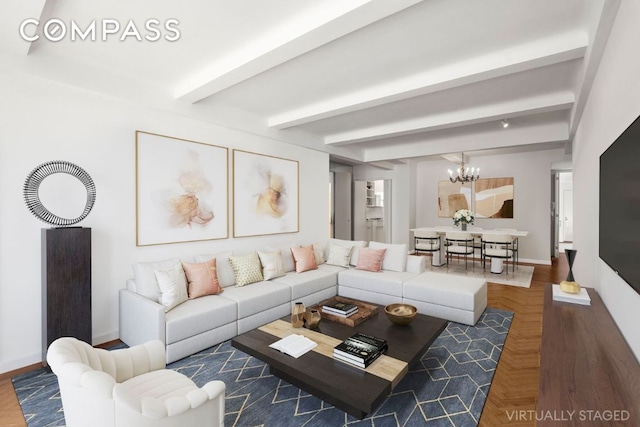 living room featuring beamed ceiling, a chandelier, and dark parquet floors