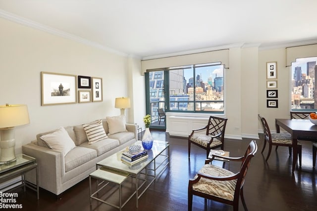 living room with dark wood-type flooring and crown molding