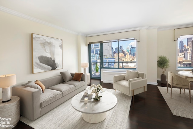 living area with baseboards, a view of city, dark wood-style flooring, and crown molding