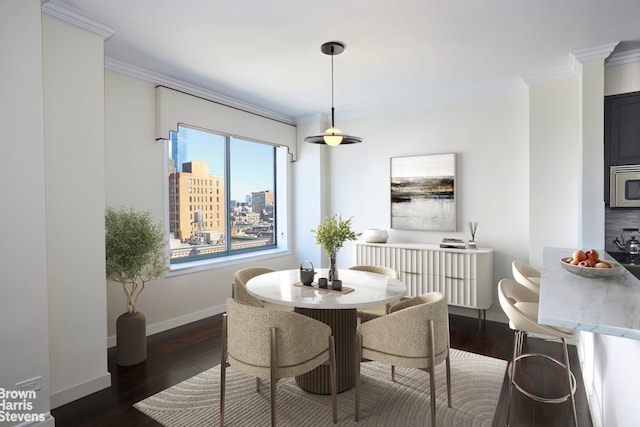 dining room featuring a city view, crown molding, dark wood-style floors, and baseboards