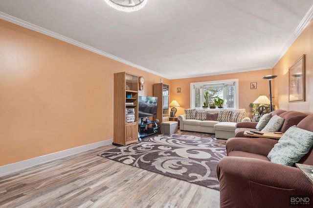 living area featuring baseboards, wood finished floors, and crown molding