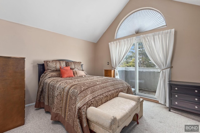 bedroom with light carpet, vaulted ceiling, and access to exterior