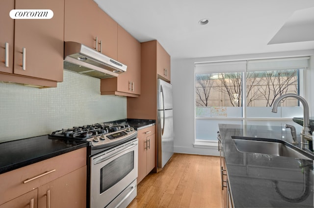 kitchen with light hardwood / wood-style flooring, sink, dark stone counters, stainless steel appliances, and decorative backsplash