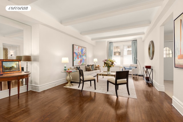 living area featuring baseboards, visible vents, dark wood-style floors, crown molding, and beam ceiling