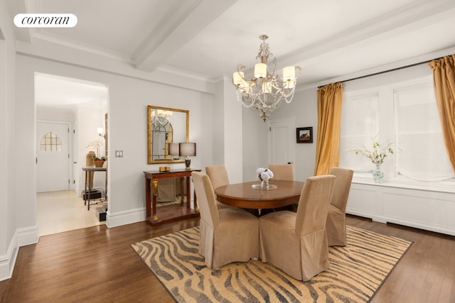 dining space featuring dark wood-type flooring, beamed ceiling, visible vents, and an inviting chandelier