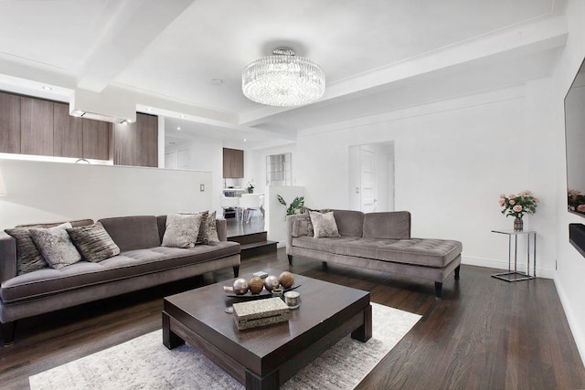 living area featuring dark wood-style floors, baseboards, beam ceiling, and an inviting chandelier