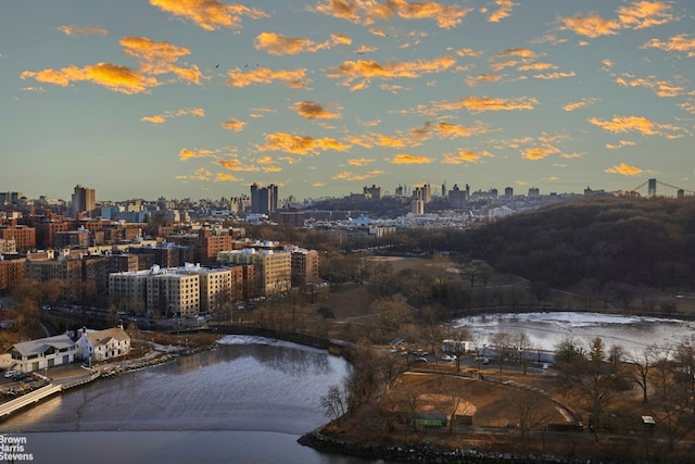 property's view of city featuring a water view