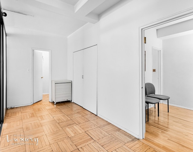 bedroom featuring light parquet floors