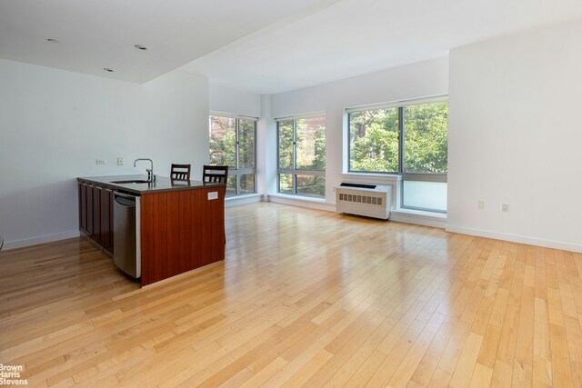 kitchen featuring light wood-style flooring, a sink, stainless steel dishwasher, open floor plan, and radiator heating unit