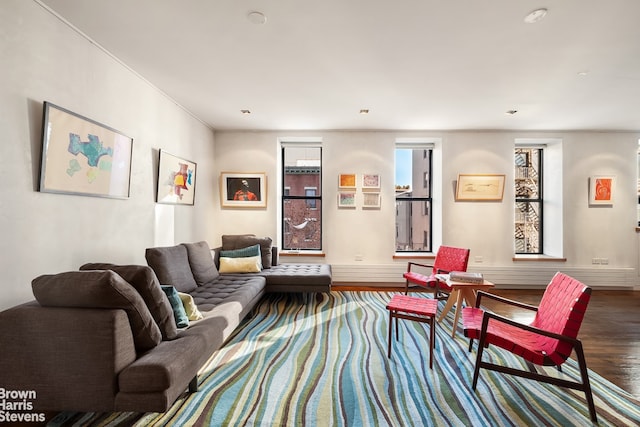 living area featuring ornamental molding, baseboards, and wood finished floors