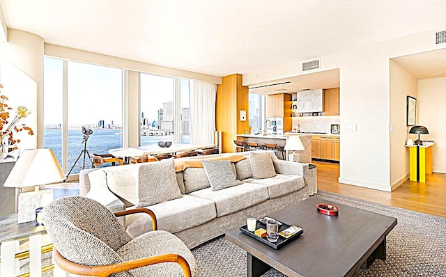 living room with a water view, light wood-style flooring, visible vents, and a city view