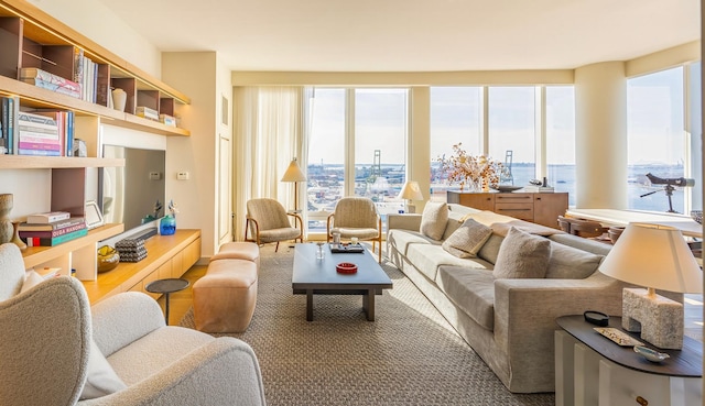 living room featuring a water view and wood finished floors