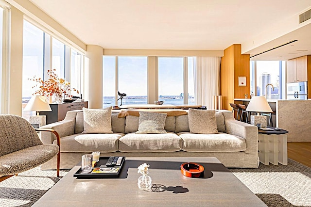 living area with plenty of natural light, wood finished floors, and visible vents