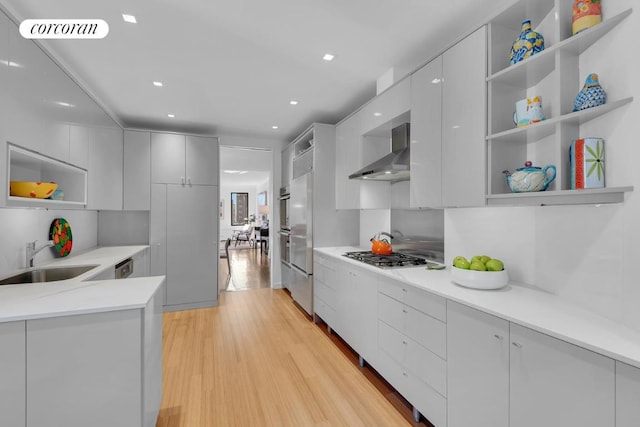 kitchen with wall chimney range hood, light wood-type flooring, sink, and appliances with stainless steel finishes