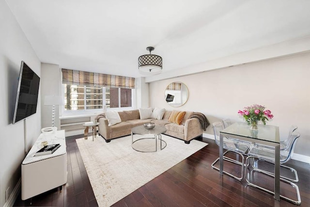 living room featuring dark wood-type flooring