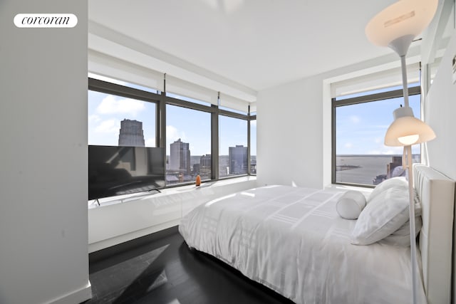 bedroom featuring multiple windows, wood-type flooring, and a water view