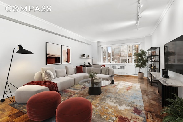 living room featuring radiator heating unit, ornamental molding, and track lighting