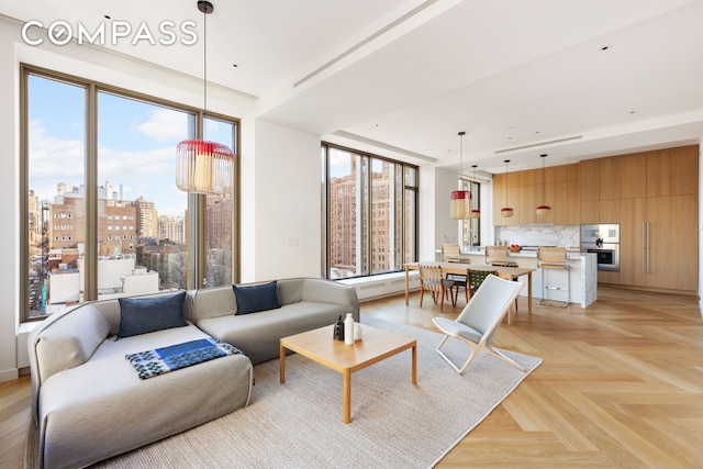 living room featuring a baseboard heating unit and a city view