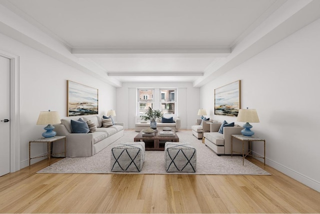 living room featuring beamed ceiling, wood-type flooring, and ornamental molding