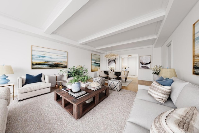 living room with beamed ceiling and wood-type flooring