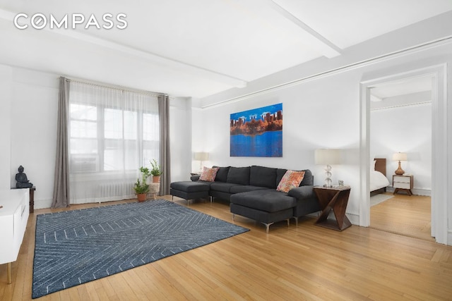 living room featuring beam ceiling, radiator heating unit, and light hardwood / wood-style floors