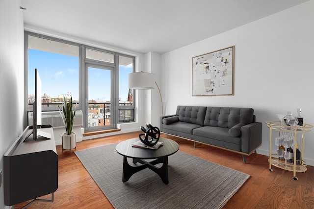 living room with baseboards and wood finished floors