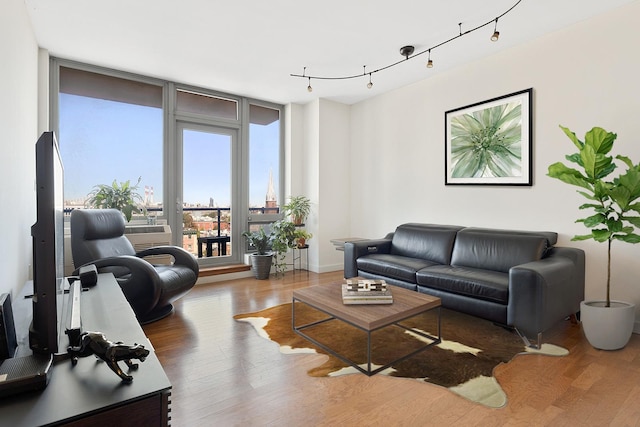 living area with wood finished floors and track lighting