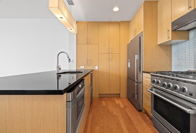 kitchen featuring dark countertops, light wood finished floors, ventilation hood, premium appliances, and a sink