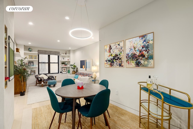 dining area with visible vents, recessed lighting, and built in shelves