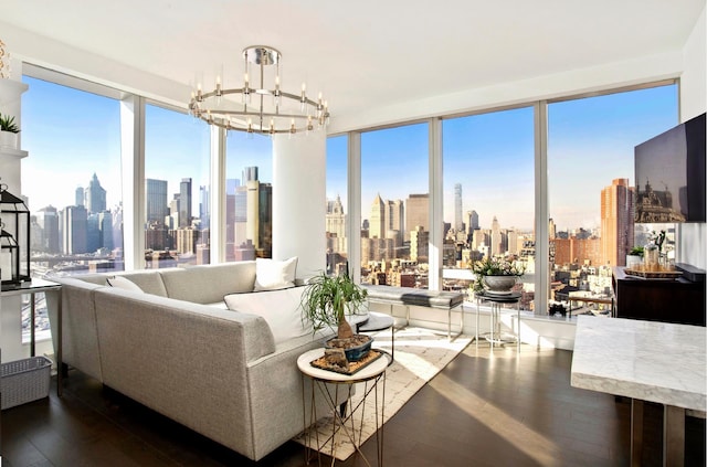 250 S St S Unit 27M, New York City, NY 10002 - living room with a skyline view, hardwood / wood-style floors, and a chandelier