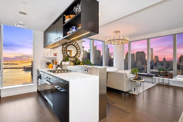 kitchen with open floor plan, light countertops, dark cabinetry, a view of city, and open shelves