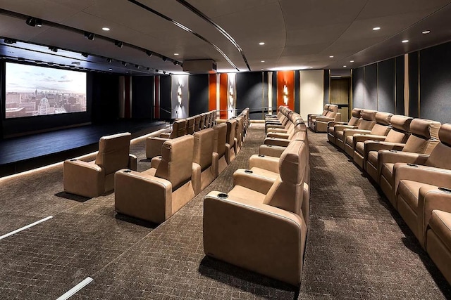 carpeted home theater room with recessed lighting