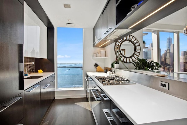 kitchen with tasteful backsplash, a water view, a view of city, light countertops, and stainless steel gas stovetop