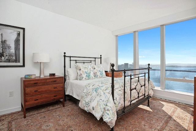 bedroom featuring a water view and baseboards