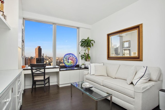 living room with dark wood-style flooring, built in study area, and a city view