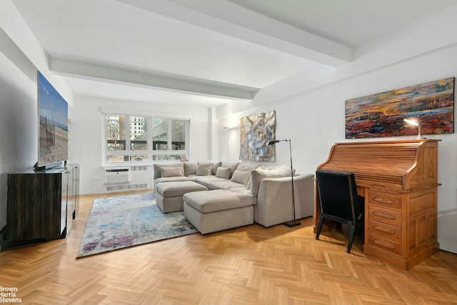 living room featuring an AC wall unit, beam ceiling, and light parquet floors