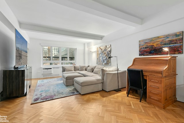 living room featuring beamed ceiling and a wall mounted AC