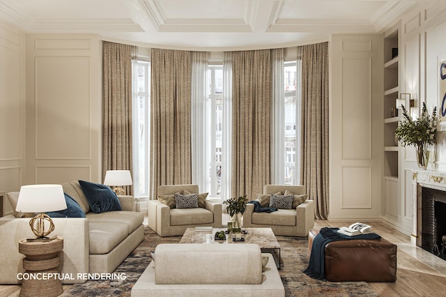 living area with crown molding, coffered ceiling, a high end fireplace, and built in features