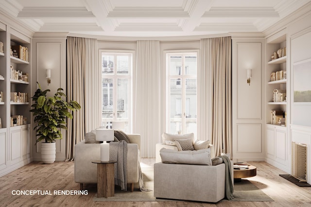 living area with built in shelves, coffered ceiling, and beam ceiling