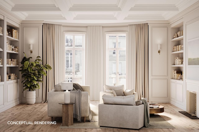 sitting room with built in features, coffered ceiling, and light wood-style flooring