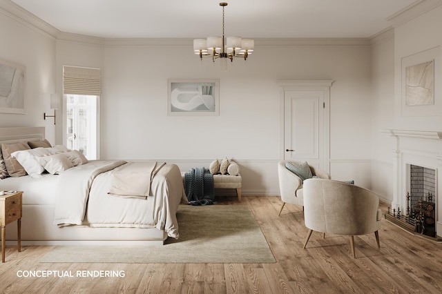 bedroom featuring an inviting chandelier, a fireplace, ornamental molding, and wood finished floors