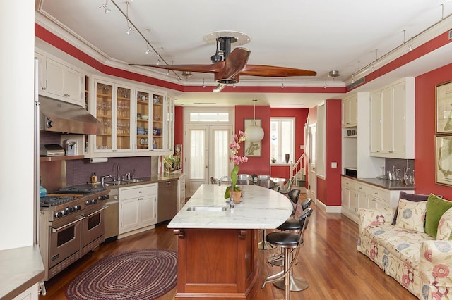 kitchen featuring a sink, dark wood finished floors, stainless steel appliances, a ceiling fan, and a kitchen island