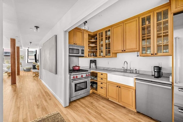 264 Water St Unit 5B, New York City, NY 10038 - kitchen featuring light wood-type flooring, glass insert cabinets, light countertops, appliances with stainless steel finishes, and a sink
