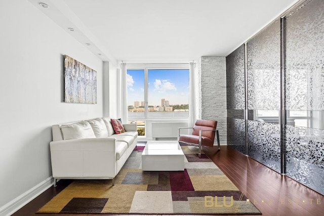 living room featuring floor to ceiling windows, dark wood finished floors, and a wealth of natural light