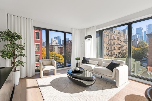 living area with a city view and hardwood / wood-style floors